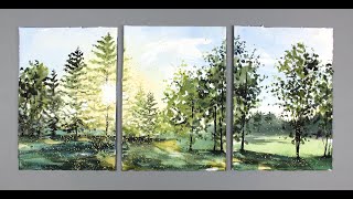 Spring Sunset in Tarrytown, NY:  watercolor 14x30 triptych by Sumiyo Toribe