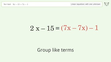 Linear equation with one unknown: Solve 9x-15=7x-1 step-by-step solution