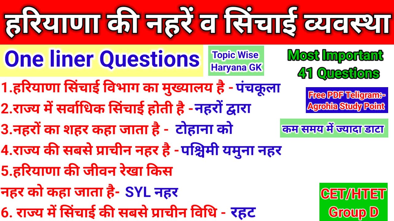 हरियाणा की नहरें व सिंचाई व्यवस्था।Gk Haryana One Liner Question_#oneliner_#onepiece_#gk_#cet_#htet