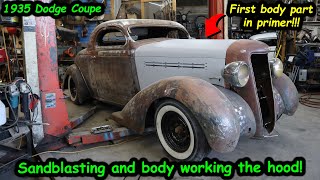 Sandblasting and priming our 1935 Dodge coupe hood.