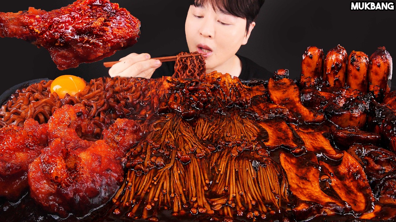 ASMR MUKBANG | Black Bean Noodles & Mushrooms, Spicy Fried Chicken, Sausage recipe EATING SOUND