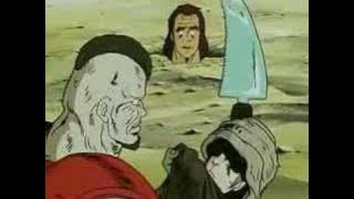 Kenshiro sawing through some guy's head