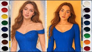 Hollywood Actress Drawing | Beautiful Girl Portrait Art | Blue Dress Digital Art screenshot 2