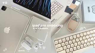 ipad pro unboxing  [new tech accessories, apple airpods, + minimalistic home screen]