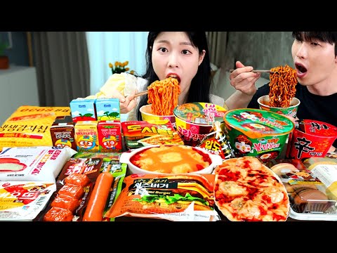 ASMR MUKBANG| 편의점 직접 만든 불닭 떡볶이 소세지 김밥 디저트 먹방 & 레시피 FRIED CHICKEN AND Tteokbokki EATING