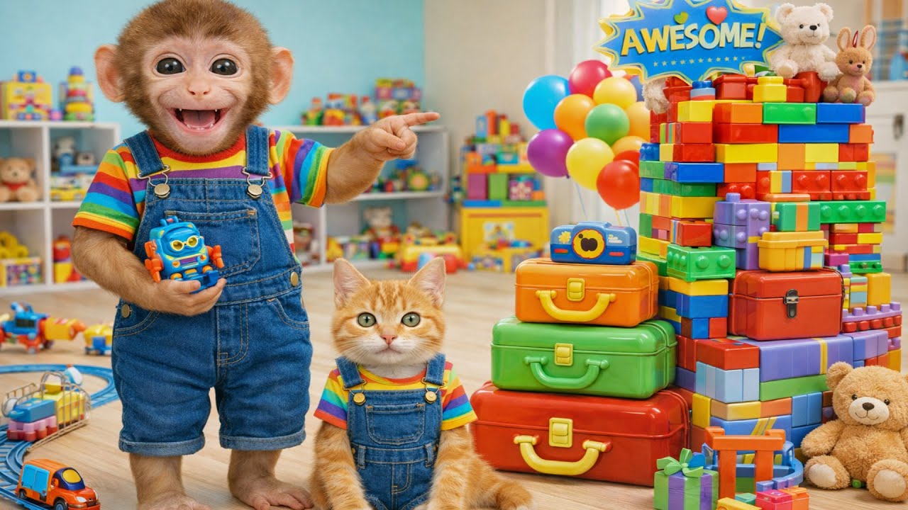 Baby Bobo eats rainbow fruits and plays with his friends in the field | Bobo Monkey Family