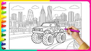 Coloring MONSTER TRUCK in city - Satisfying Coloring Pages - Satisfying Videos