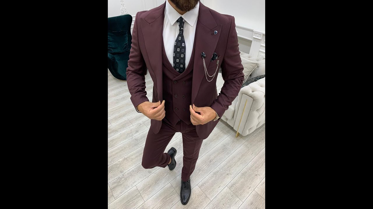 GentWith Virginia Burgundy Slim Fit Peak Lapel Suit