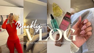 WEEKLY VLOG | new bed frame, weight loss tips, sephora + ulta haul, luxury unboxing + new lip combo!