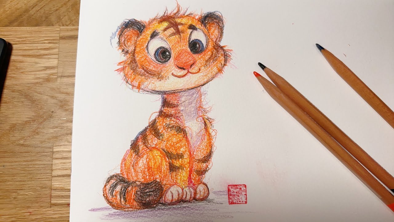 Cute Cartoon Tiger Drawing Tutorial: Step-by-Step Colored Pencil ...
