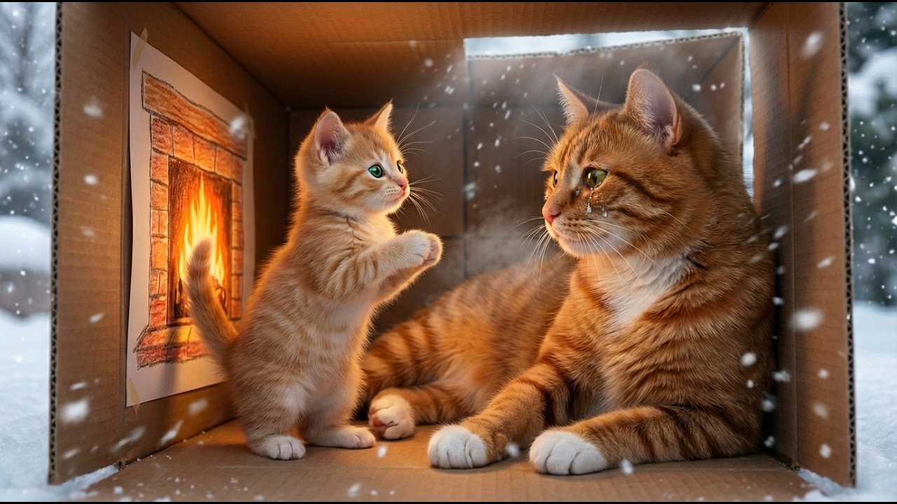 Homeless Mama Cat & Ginger Kitten Sleep in Box Christmas Eve ❤️🐱