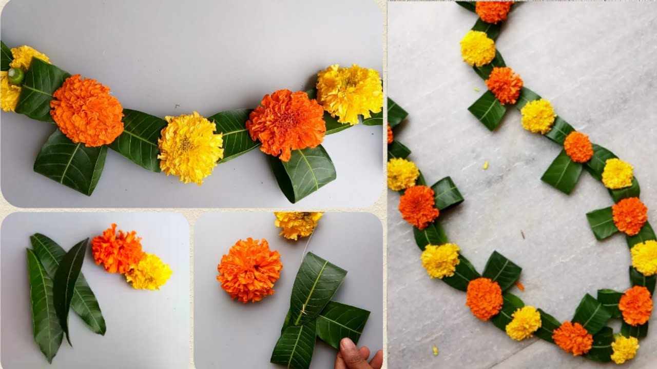 Festival Special Mango leaves Marigold Flowers Toran making Ideas@home ...