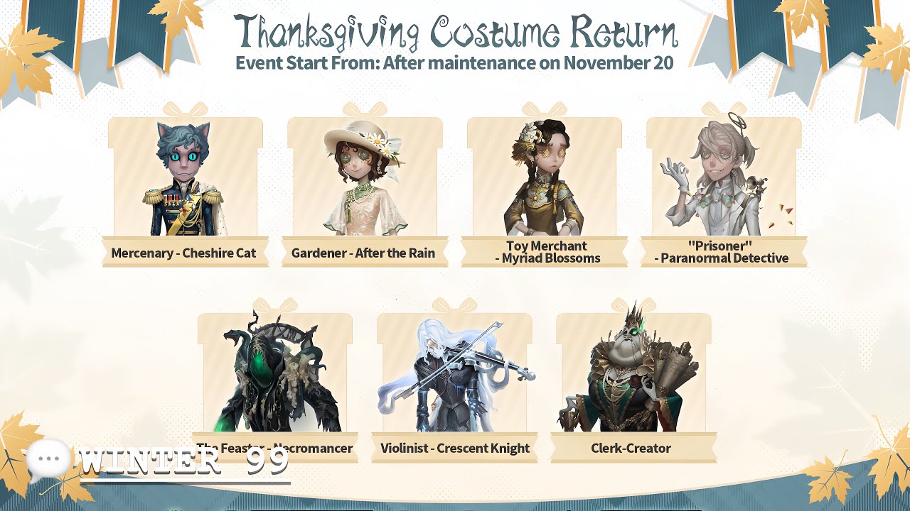 Thanksgiving Day Event Rewards & Costume Return 【Identity V