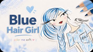 Coloring a Blue Hair Girl | Relaxing Colored Pencil Drawing | Color Me Soft screenshot 3