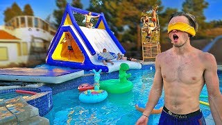 Surprised Little Brother With Backyard Water Park Huge Slide