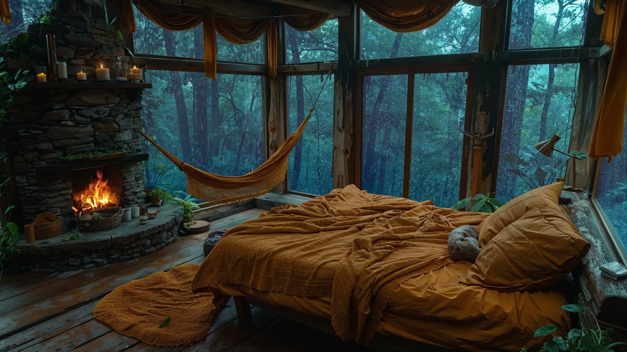Forest Night Whispers - Rain on the Window, Fire Crackling & Nature’s Embrace to Sleep, Healing Rest