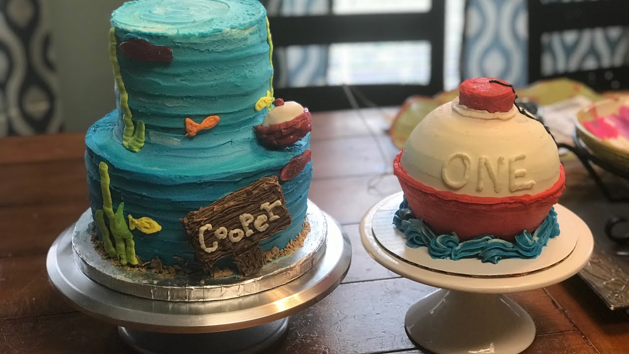1st birthday Fishing themed two tier cake and “bobber” smash cake
