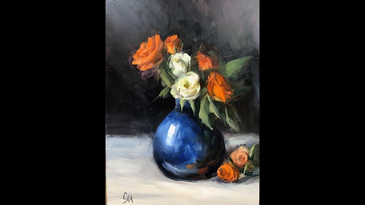 Orange and white roses in a blue vase. Still life. Beginners. Alla ...