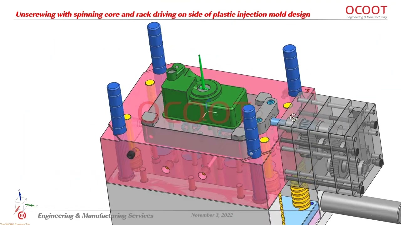 Unscrewing with spinning core and rack driving on side plastic injection mold design by ocoot.com
