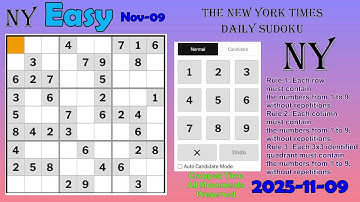 (delayed) The New York Times Daily Sudoku 2025-11-09 Easy