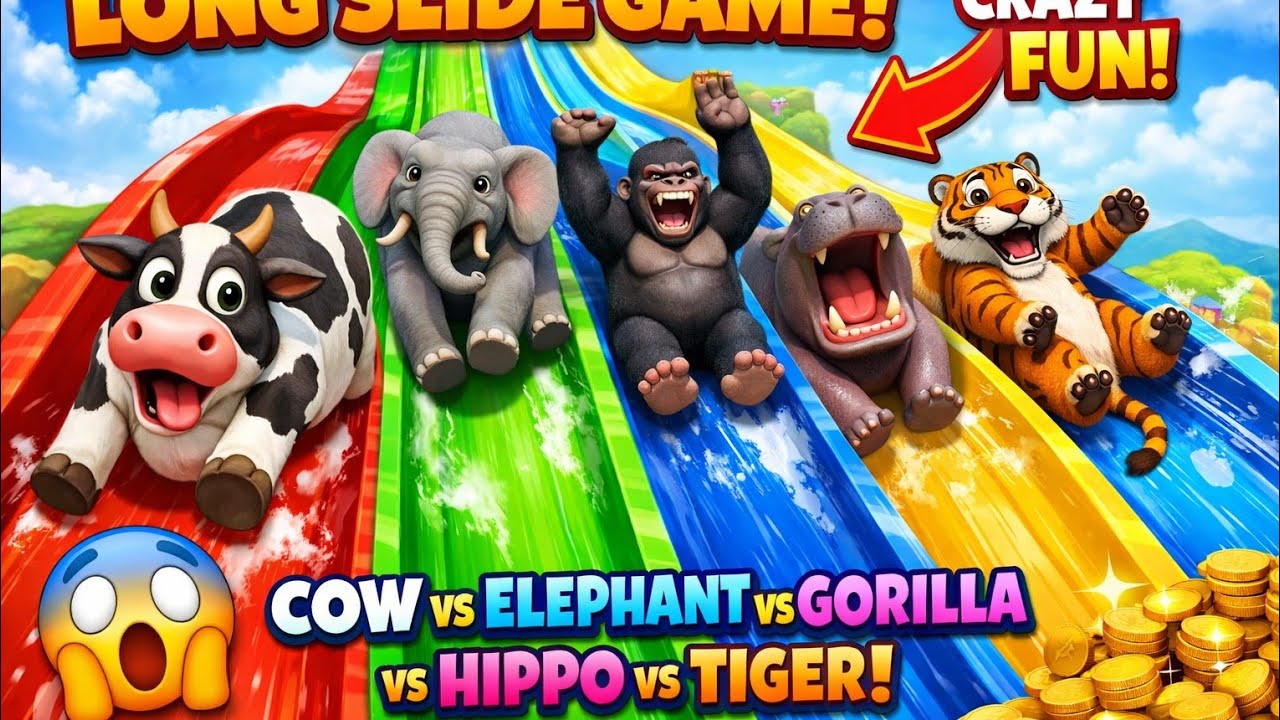 Long Slide Game With Cow Elephant Gorilla Hippopotamus Tiger - 3d Animal