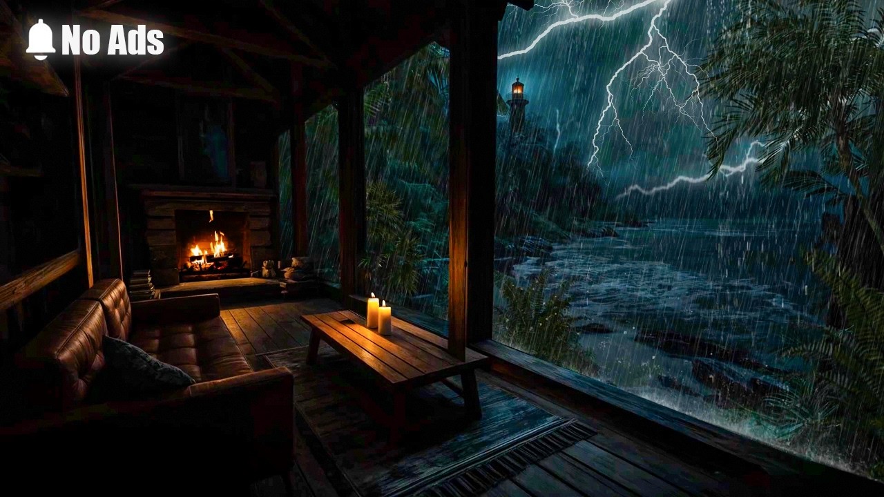 NO ADS | Stormy Night on the Seaside Porch ⛈️ Gentle Rain & Crackling Fireplace for Deep Sleep,Relax