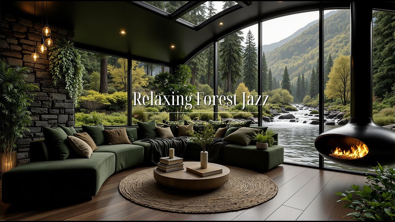 Relaxing Forest Living Room Jazz Ambience | Warm Indoor Jazz with Nature View For Working, Studying
