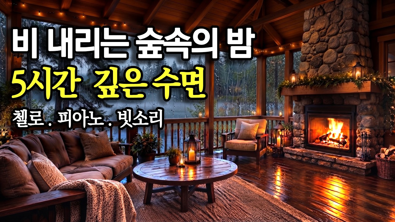 비 오는 숲속 오두막에서 듣는 수면음악 5시간 | 첼로 + 피아노 + 빗소리 | 잠잘때 듣는 음악, 숙면, 휴식, 공부할 때