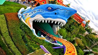 Shark! Steel Dolphin Launch Coaster & Volcano Rafting Ride-through 2025