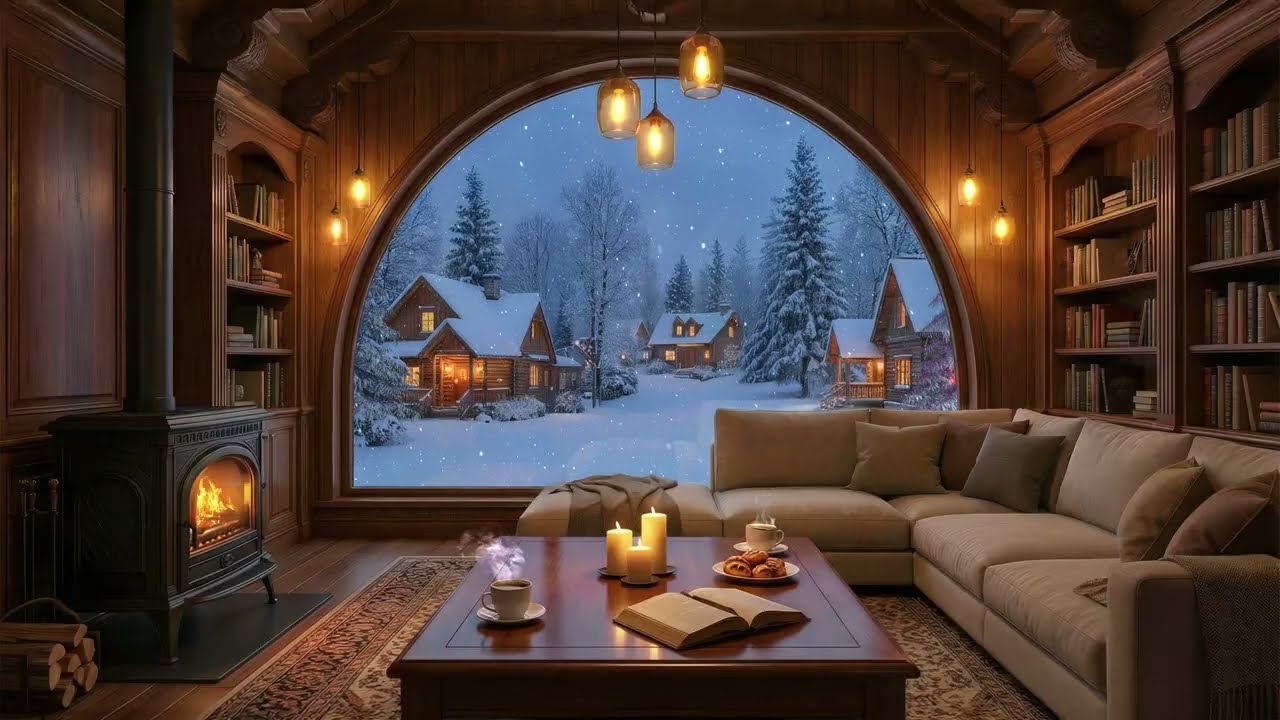 Peaceful Evening at the Winter Café ☕ Smooth Jazz Piano & Fireplace for Relax & Work