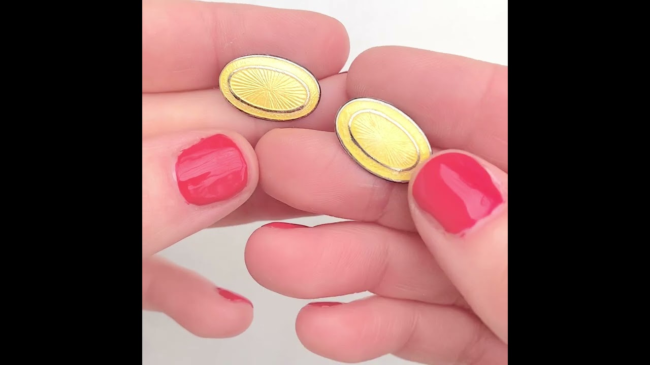 Vintage 1930s Yellow Enamel Silver Oval Cufflinks