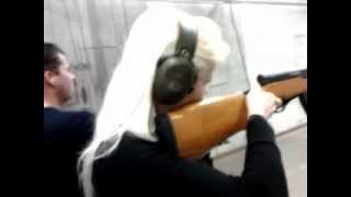 girl shoots gun, SKS carabine.