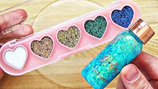 Slime Coloring with Glitter Makeup! Mixing Heart Eyeshadow &amp; Shimmer Body Gel into Clear Slime!