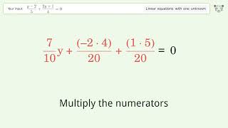 Linear equation with one unknown: Solve (y-2)/5+(2y+1)/4=0 step-by-step solution