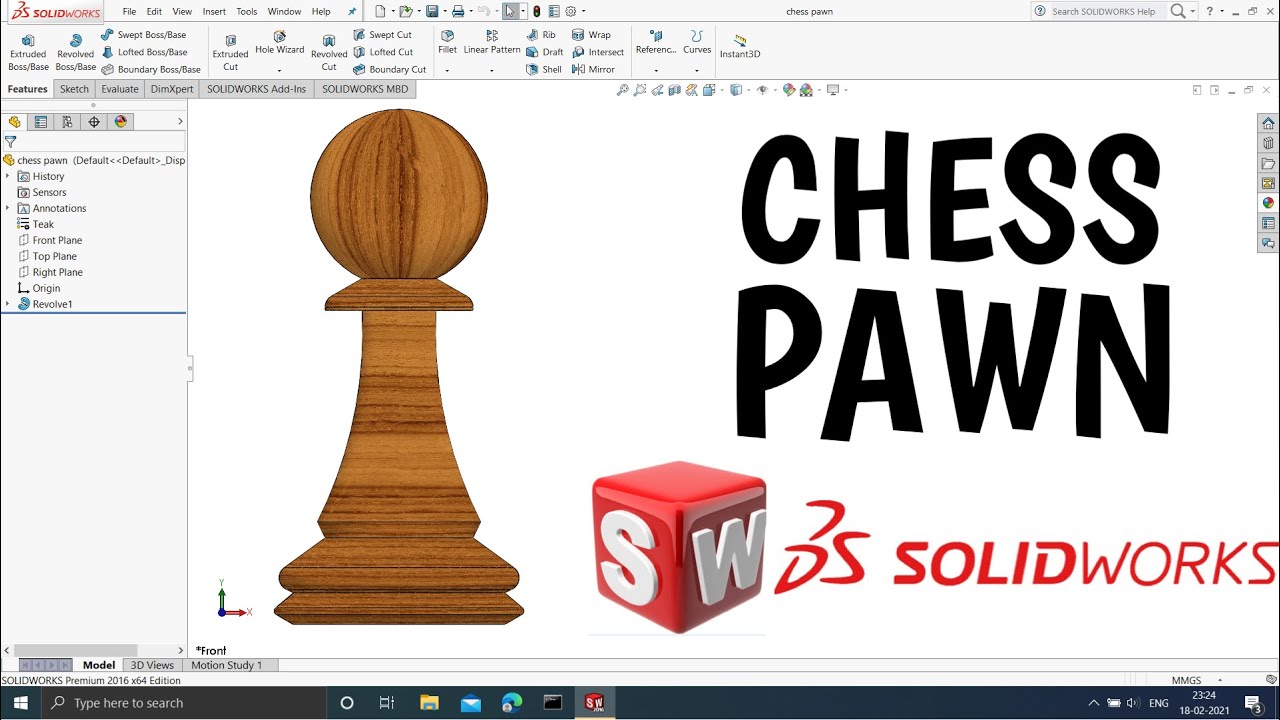 3D Solidworks CAD model of Chess Pawn using Revolved Boss/Base  , Chess piece model , For Beginners