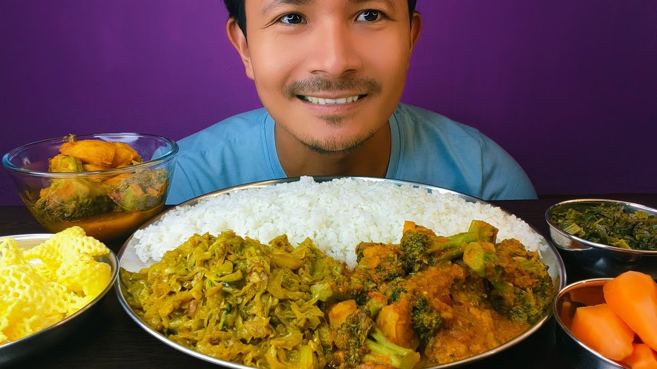 Eating Simple Broccoli Aloo ki Sabji | Patta Gobhi ki sabji with Rice | Salad and papad 