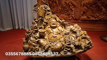 Tượng gỗ Di Lặc cửu tiểu gỗ bách xanh Mộc Châu tuyệt đẹp- Xưởng Tượng Gỗ