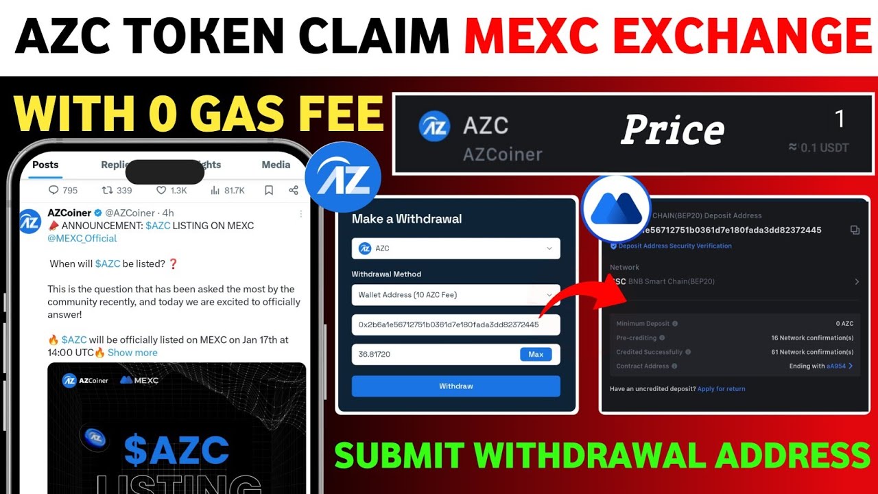 AZC Token Withdrawal MEXC Exchange With 0 Gas Fee | AZC Token Claim ...