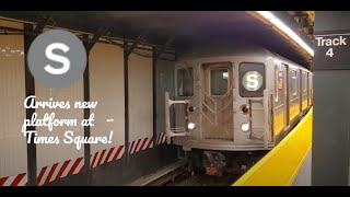 (SPECIAL) 42 Street Shuttle train arrives the new platform at Times Square on Track 4