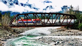 Huge Canadian National Freight Trains Over Coquihalla River Thru Hope British Columbia