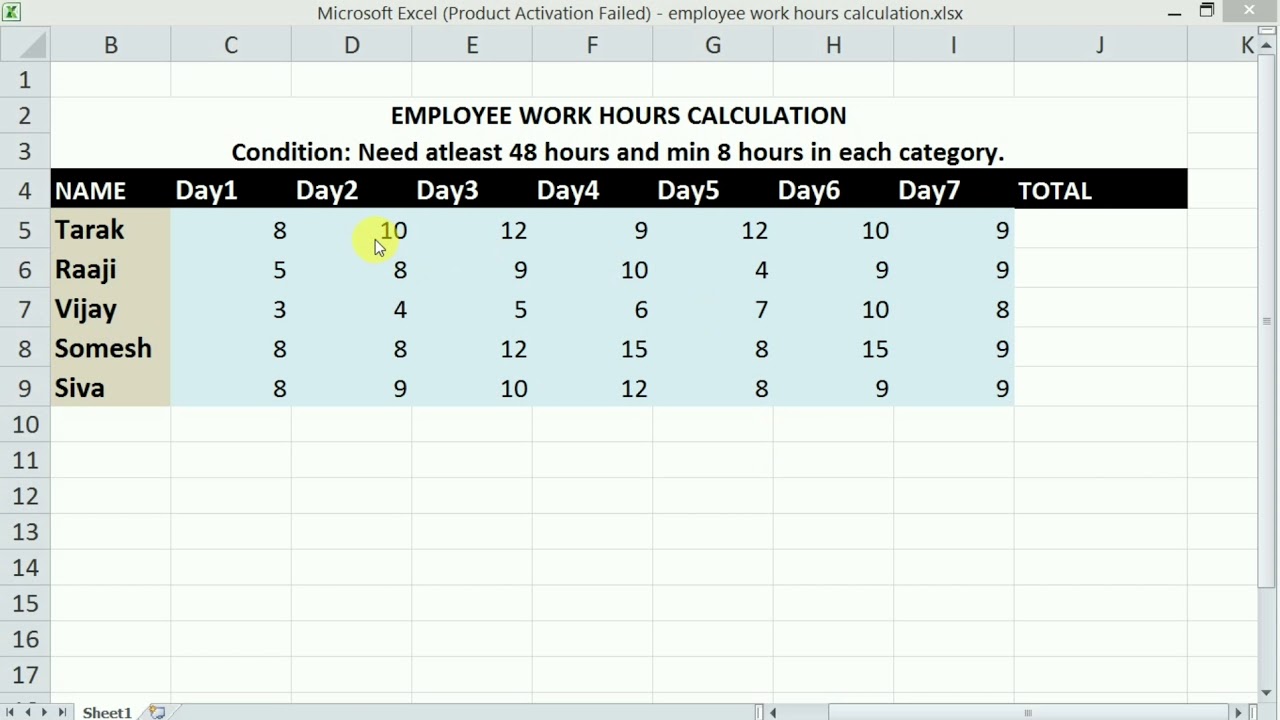 EMLOYEE WORK HOURS CALCULATION IN EXCEL YouTube