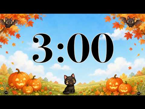 3 Minute Timer 🎃 Cute Fall Halloween Cat & Pumpkins | Happy October Music for Classroom Focus
