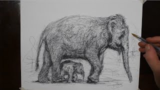 how to draw a momma and baby elephant scribble art drawing