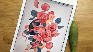 drawing a skull and roses tattoo in procreate app on ipad pro - time lapse - speed drawing screenshot 3