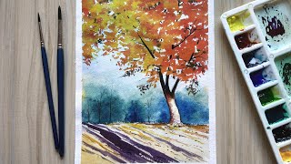 How to Paint Trees in Watercolor - Simple way to paint Autumn Trees