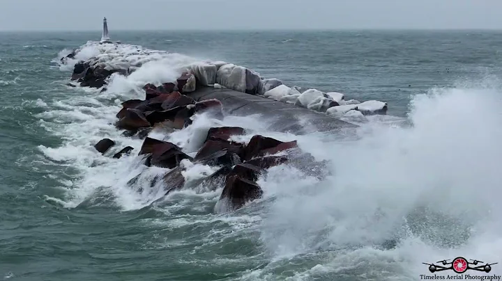 Must See Slow-Motion Drone Footage Of Massive Waves Hitting Michigan City Breakwall 4K