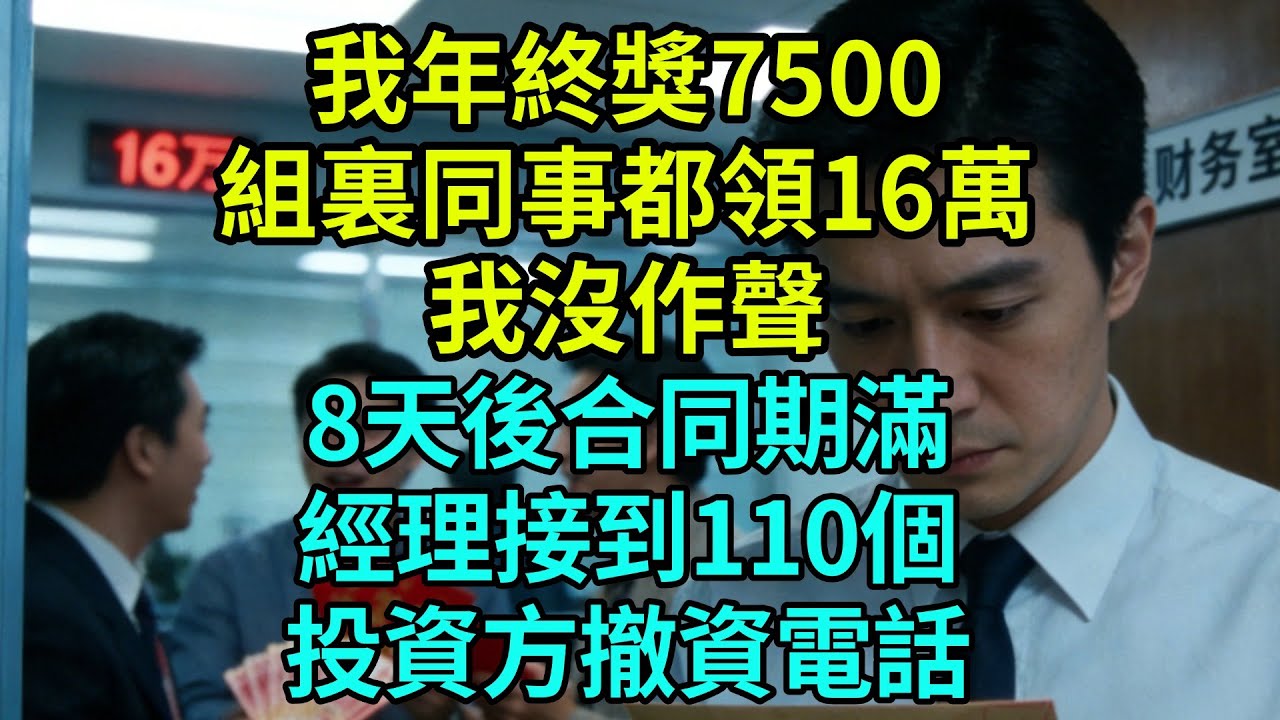 我年終獎7500，組裏同事都領16萬，我沒作聲，8天後合同期滿，經理接到110個投資方撤資電話【奇聞秘事】
