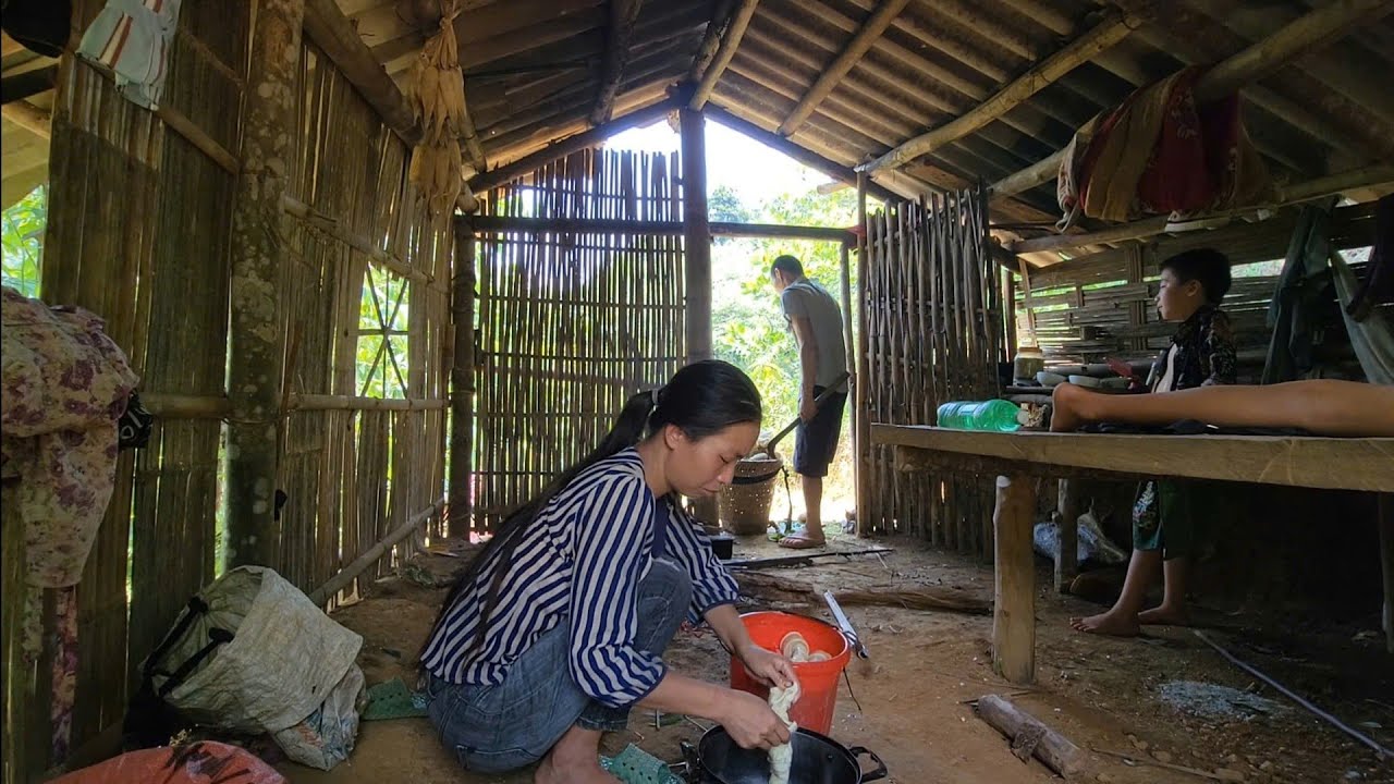 Single mother and young man went to sell fish at a stream in the forest ...