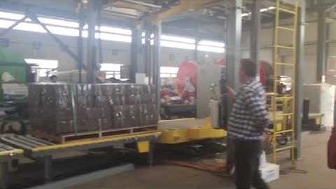 Auto cardboard palletizing, strap& wrap line