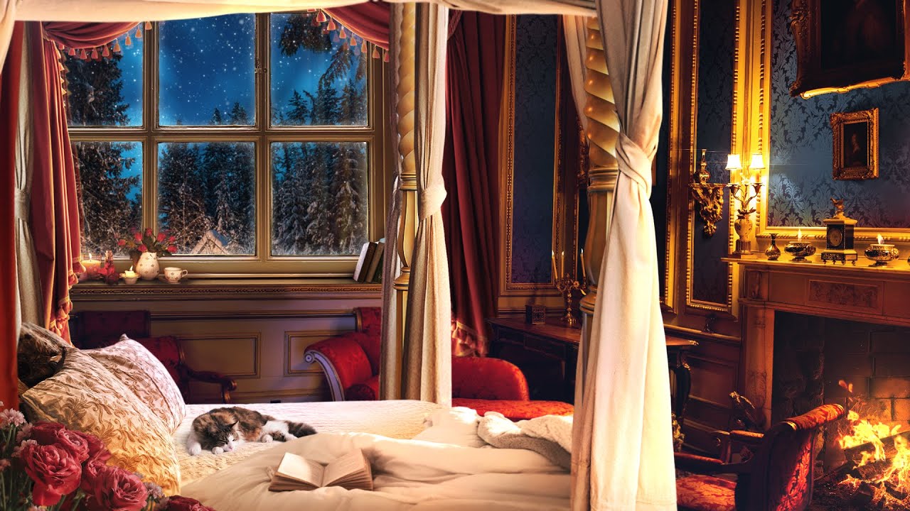 Winter Victorian Lady's Bedroom Ambience ASMR: Cozy Fireplace & Purring ...